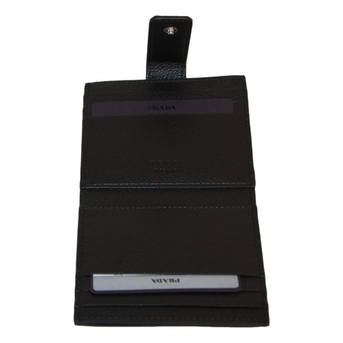 Prada Black Grey Vitello Grain Leather Card Case Bifold Wallet 2MC049