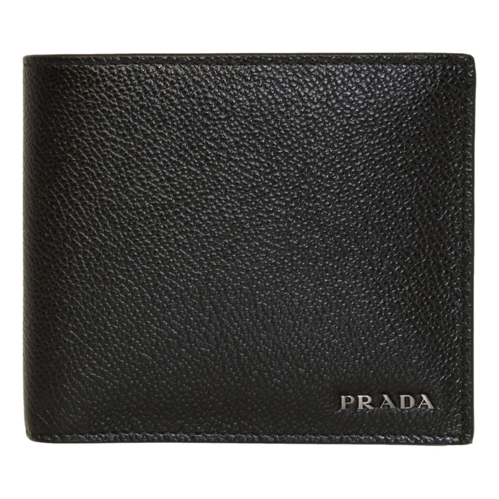 Prada Black Navy Vitello Micro Grain Leather Bifold Wallet 2MO738