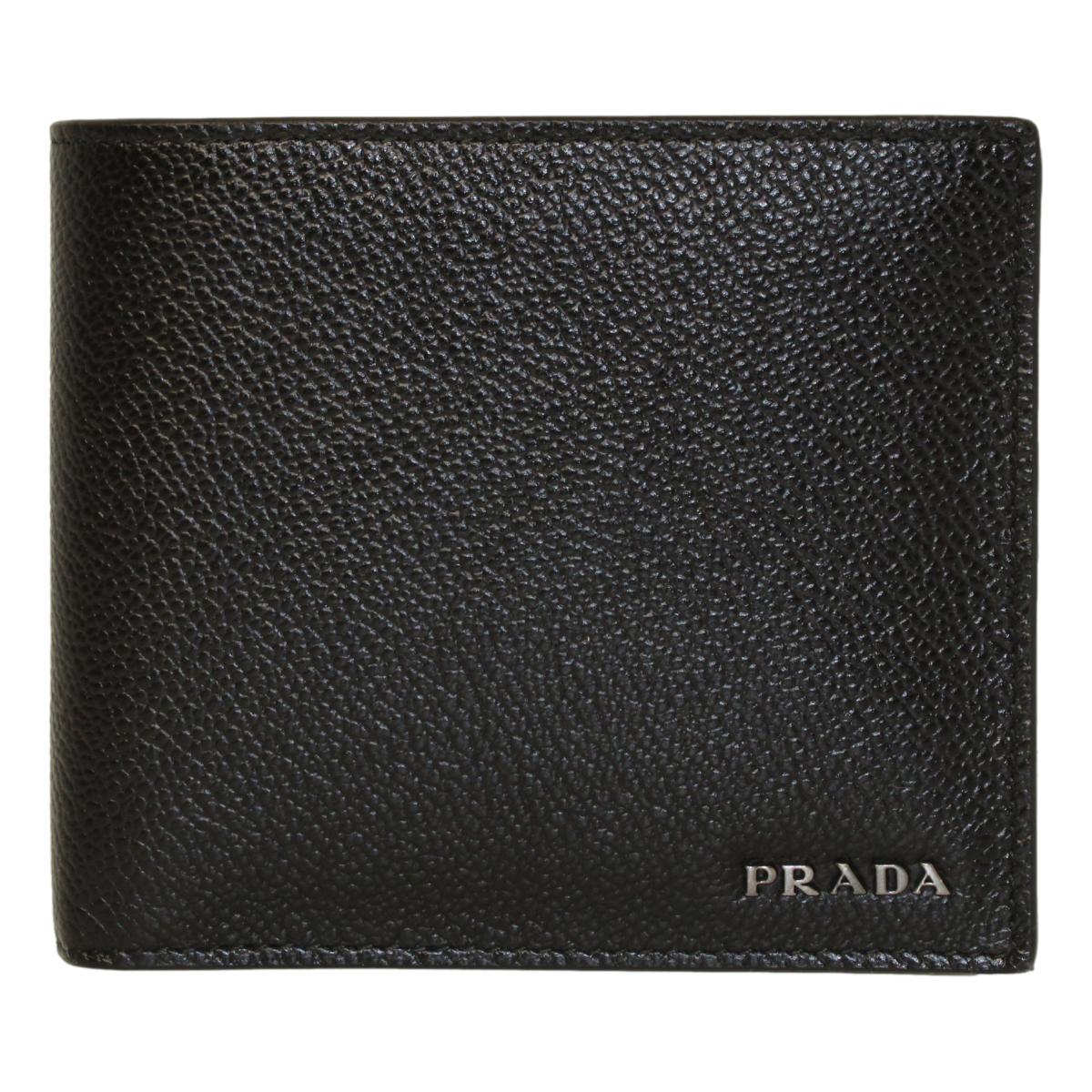 Prada Black Navy Vitello Micro Grain Leather Bifold Wallet 2MO738