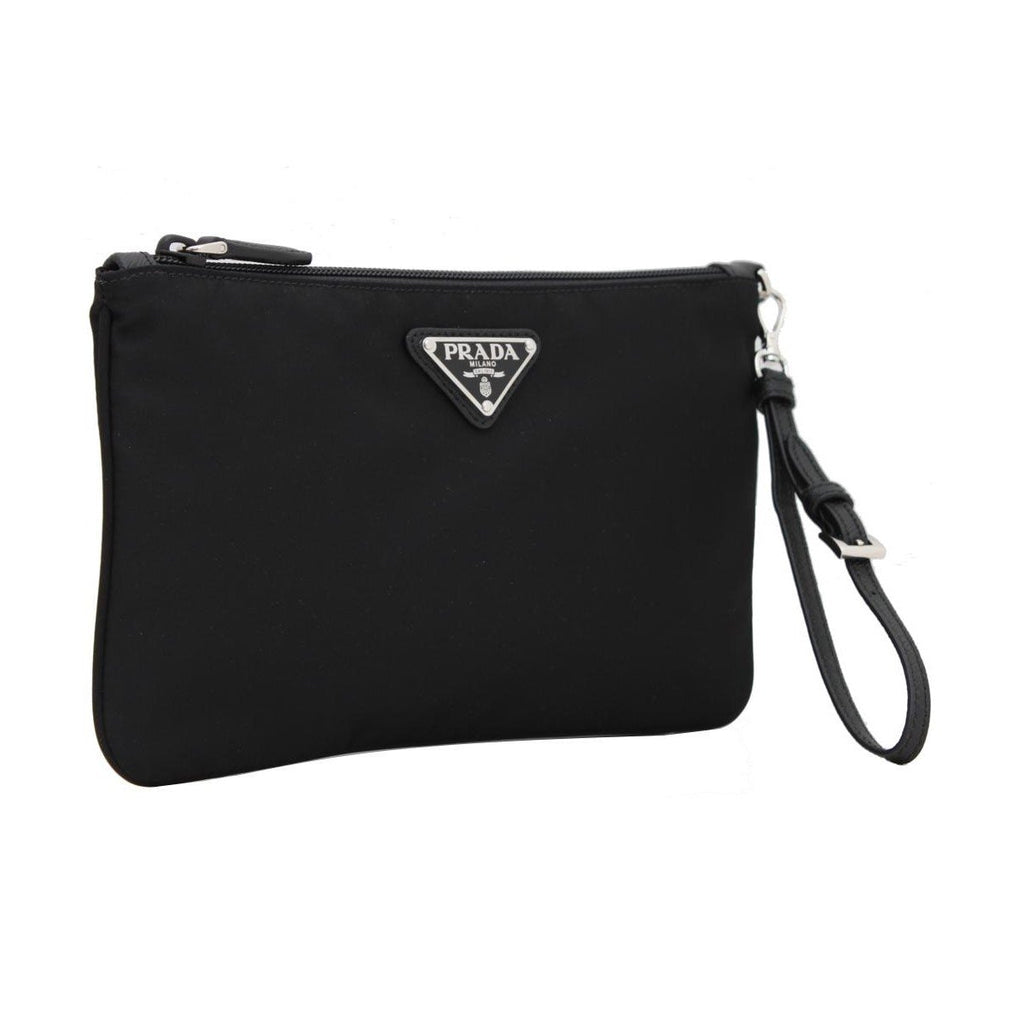Prada Black Tessuto Nylon Pouch Prada Logo Wristlet Clutch Bag 1NH545