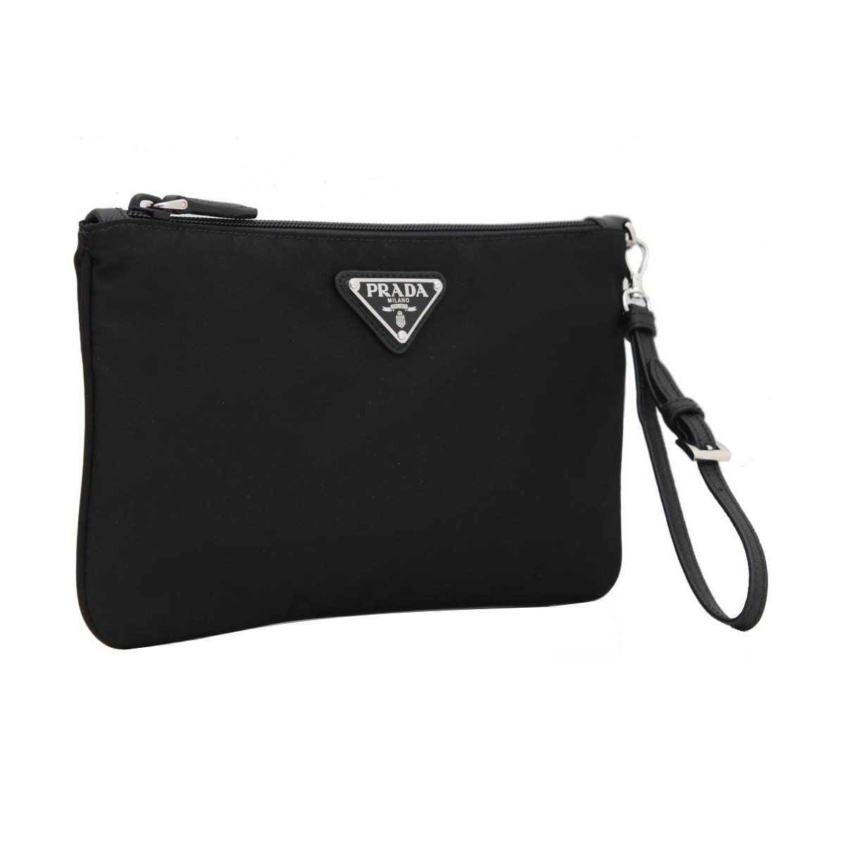 Prada Black Tessuto Nylon Pouch Prada Logo Wristlet Clutch Bag 1NH545