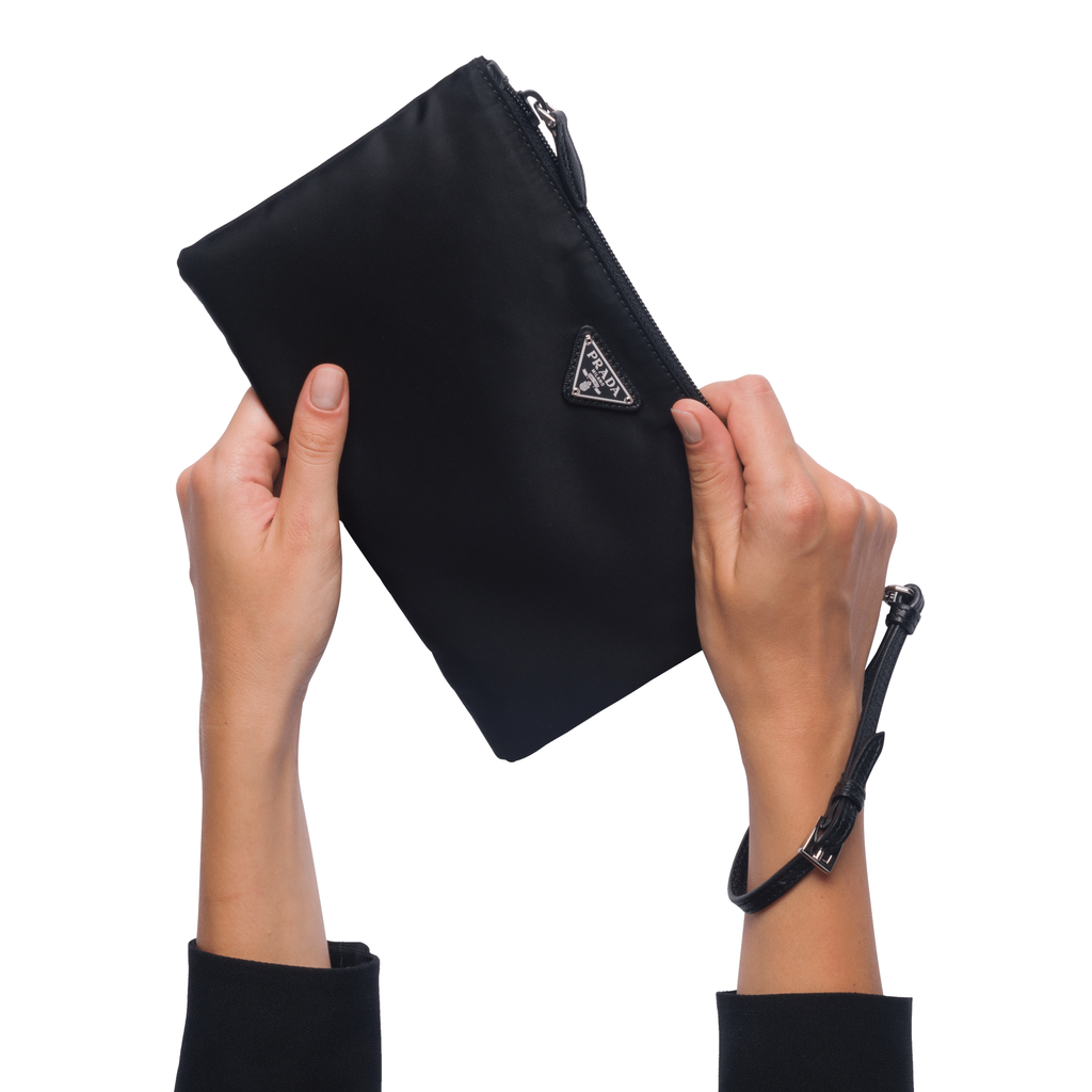 Prada Black Tessuto Nylon Pouch Prada Logo Wristlet Clutch Bag 1NH545