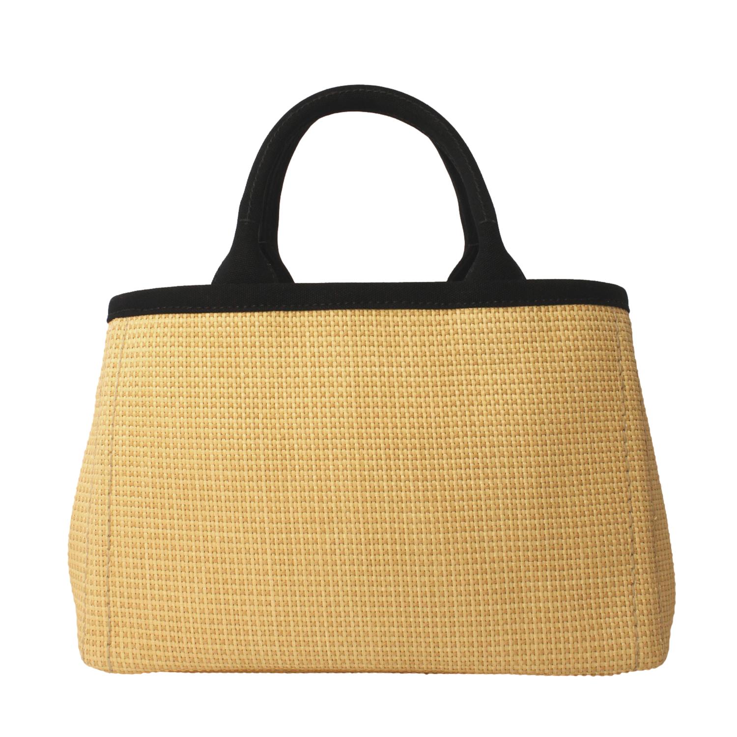 Prada Canapa Beige Woven Straw Black Canvas Trim Tote Handbag 1BG155