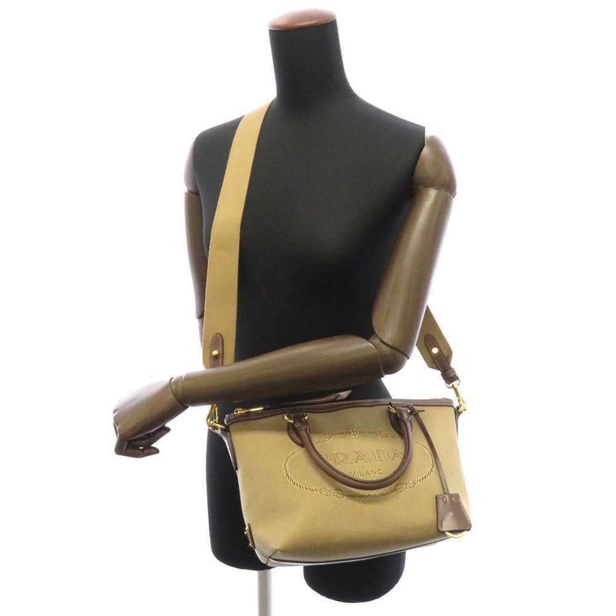 Prada Canvas Jacquard Logo Brown Leather Trim Small Satchel 1BA111