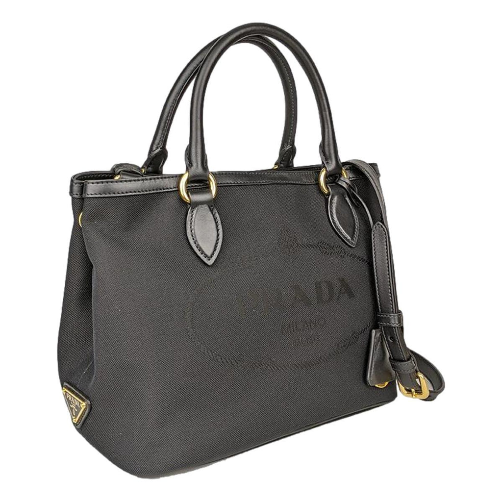 Prada Logo Jacquard Black Soft Calf Leather Trim Cross Body Bag 1BA172