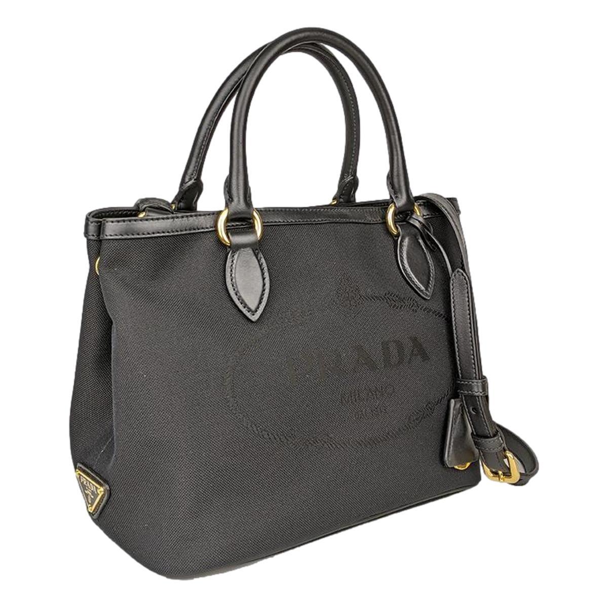 Prada Logo Jacquard Black Soft Calf Leather Trim Cross Body Bag 1BA172