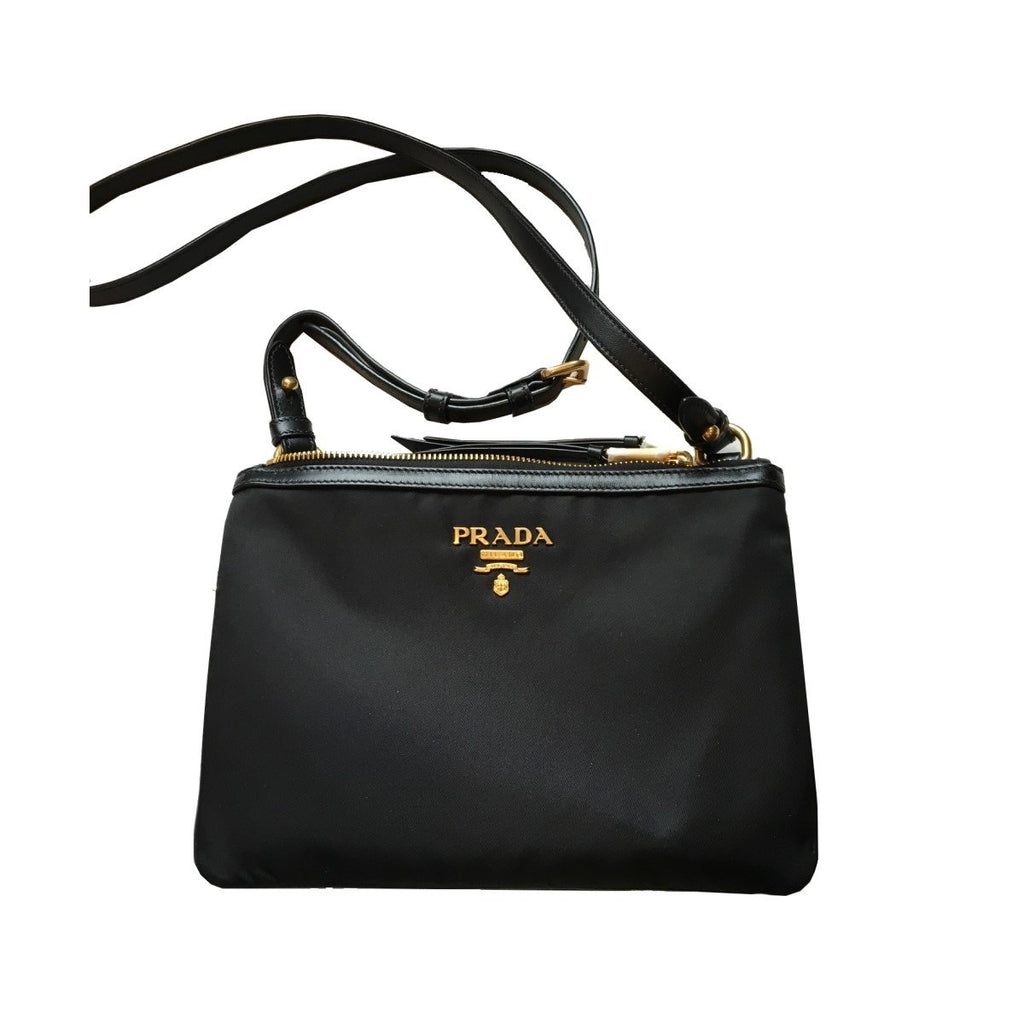 Prada Logo Tessuto Nylon Soft Calf Trim Black Cross Body Bag 1BH046