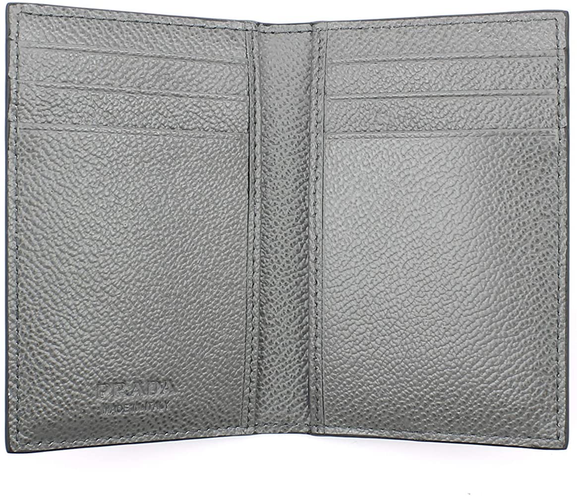 Prada Men's Vitello Micro Grain Black Grey Leather Vertical Card Holder 2MC101