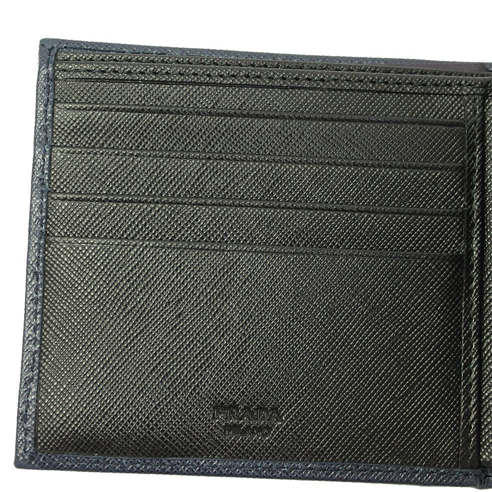 Prada Navy Black Bicolor Saffiano Leather Logo Bifold Wallet 2MO738