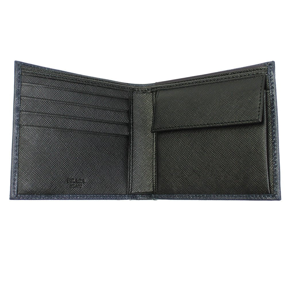 Prada Navy Black Bicolor Saffiano Leather Logo Bifold Wallet 2MO738