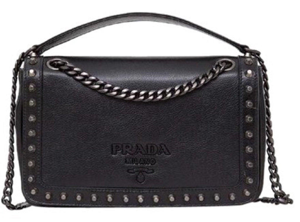 Prada Pattina Glace Calf Leather Nero Black Pattina Studded Bag 1BD147