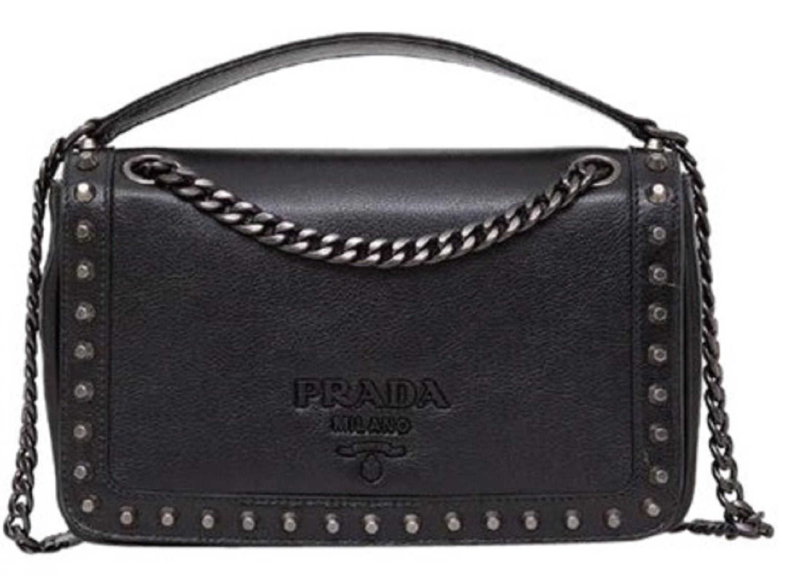 Prada Pattina Glace Calf Leather Nero Black Pattina Studded Bag 1BD147