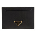 Prada Saffiano Leather Black Gold Triangle Logo Card Holder 1MC208