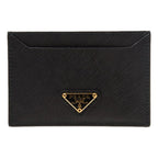 Prada Saffiano Leather Black Gold Triangle Logo Card Holder 1MC208
