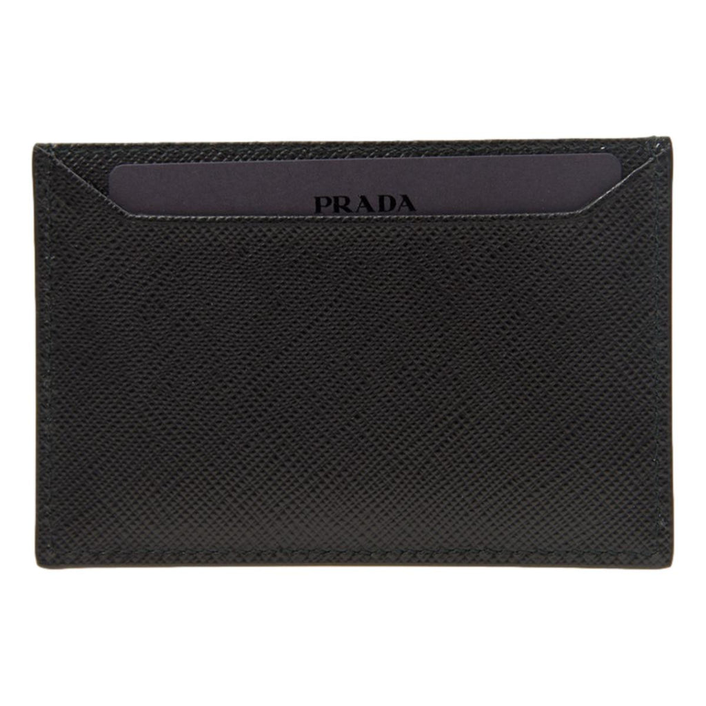 Prada Saffiano Leather Black Gold Triangle Logo Card Holder 1MC208