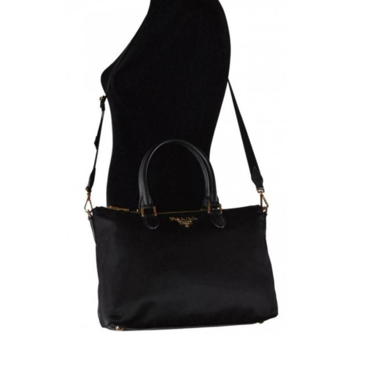 Prada Tessuto Nylon Saffiano Leather Trim Black Medium Satchel 1BA278