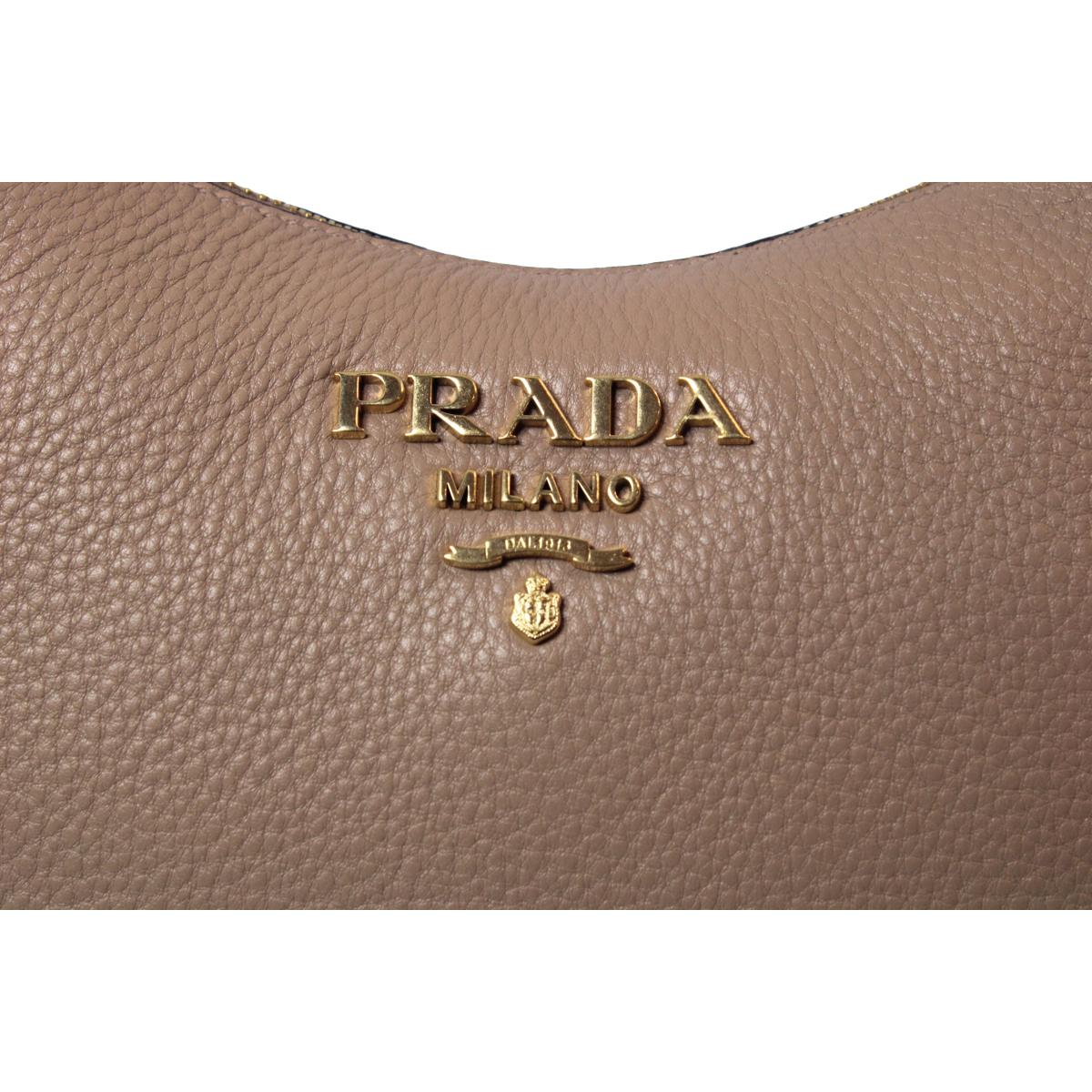 Prada Vitello Daino Tan Leather Bag Nylon Web Striped Strap 1BC166 - 1BC052