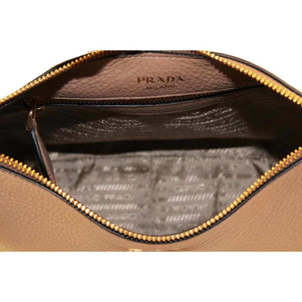 Prada Vitello Daino Tan Leather Bag Nylon Web Striped Strap 1BC166 - 1BC052