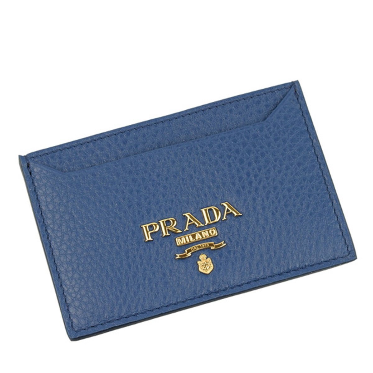 Prada Vitello Grain Leather Bluette Blue Gold Logo Card Holder 1MC208