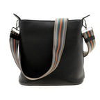 Prada Vitello Phenix Black Leather Stripe Strap Bucket Bag 1BE057