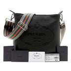 Prada Vitello Phenix Black Leather Stripe Strap Bucket Bag 1BE057