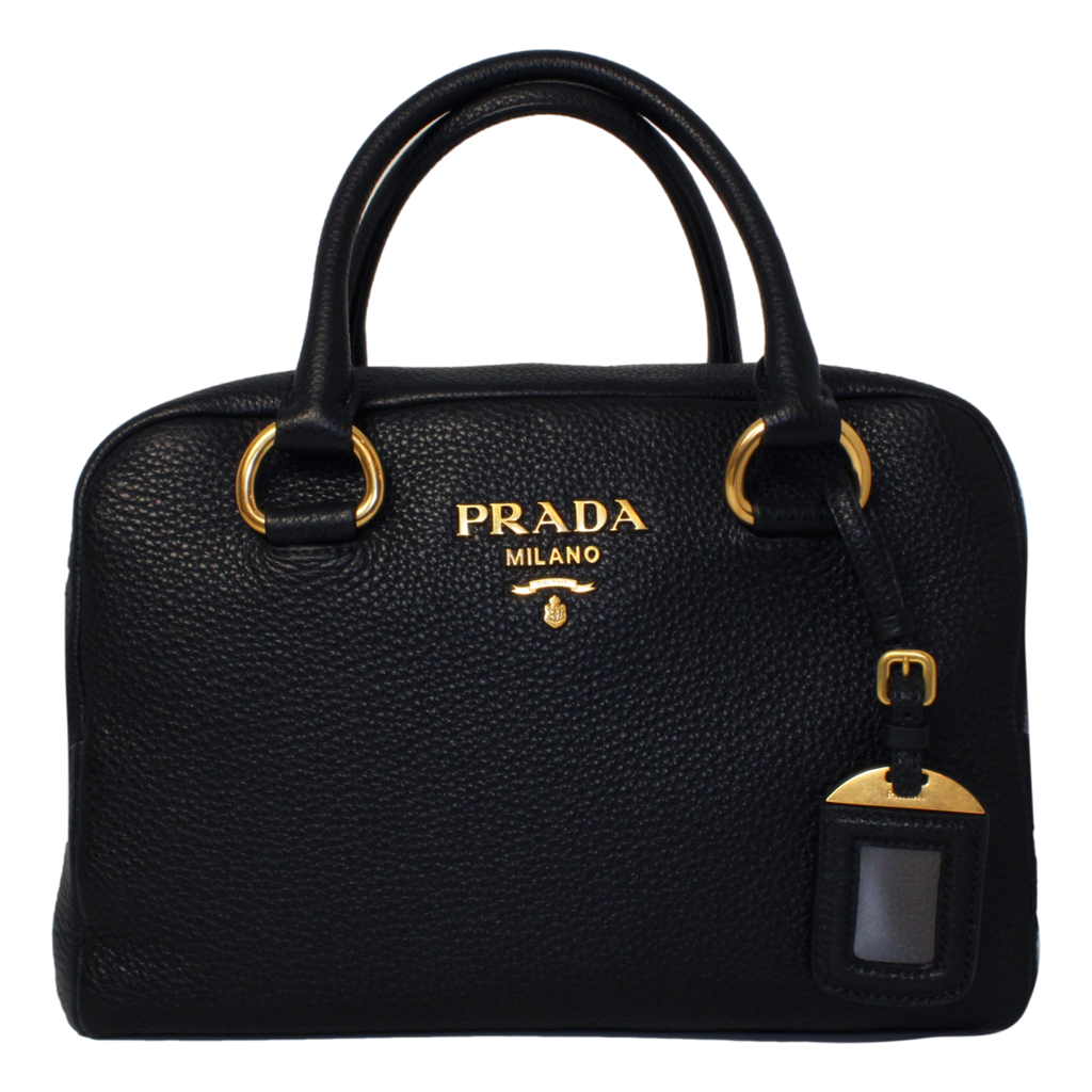 Prada Vitello Phenix Black Leather Stripe Strap Satchel Bag 1BB086