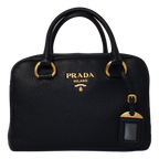 Prada Vitello Phenix Black Leather Stripe Strap Satchel Bag 1BB086