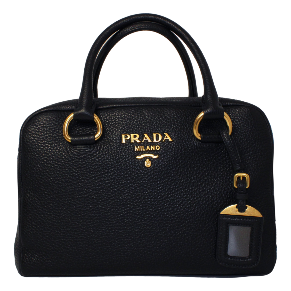 Prada Vitello Phenix Black Leather Stripe Strap Satchel Bag 1BB086