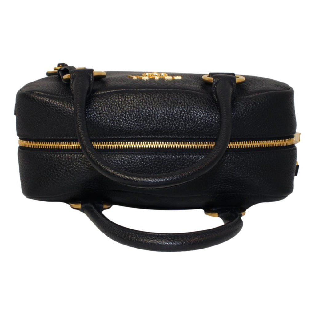Prada Vitello Phenix Black Leather Stripe Strap Satchel Bag 1BB086