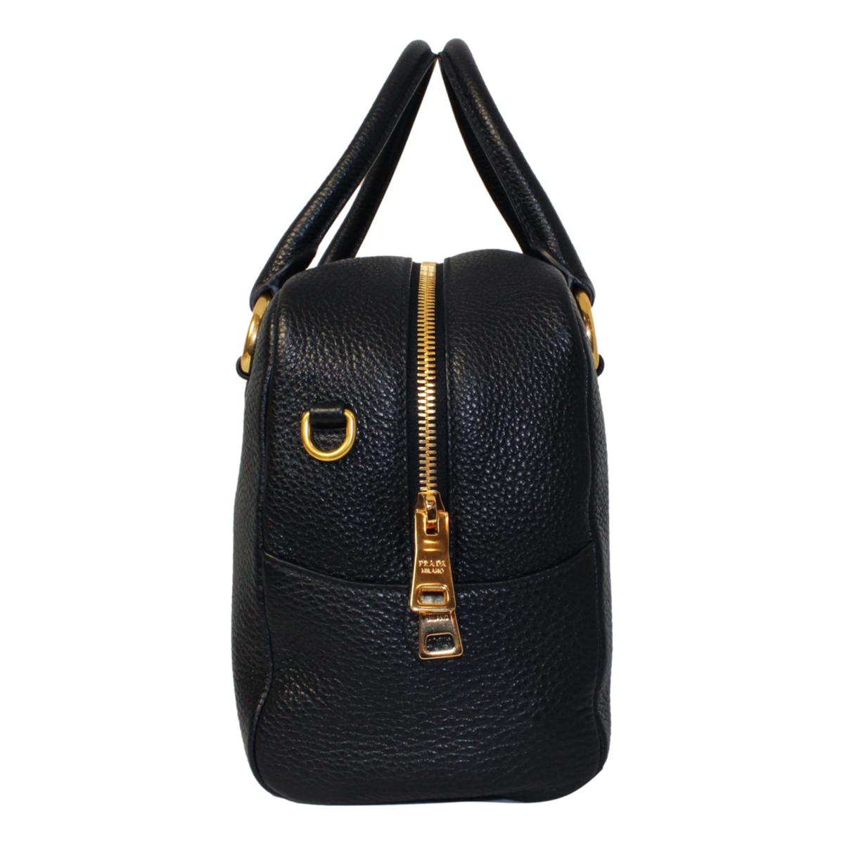 Prada Vitello Phenix Black Leather Stripe Strap Satchel Bag 1BB086