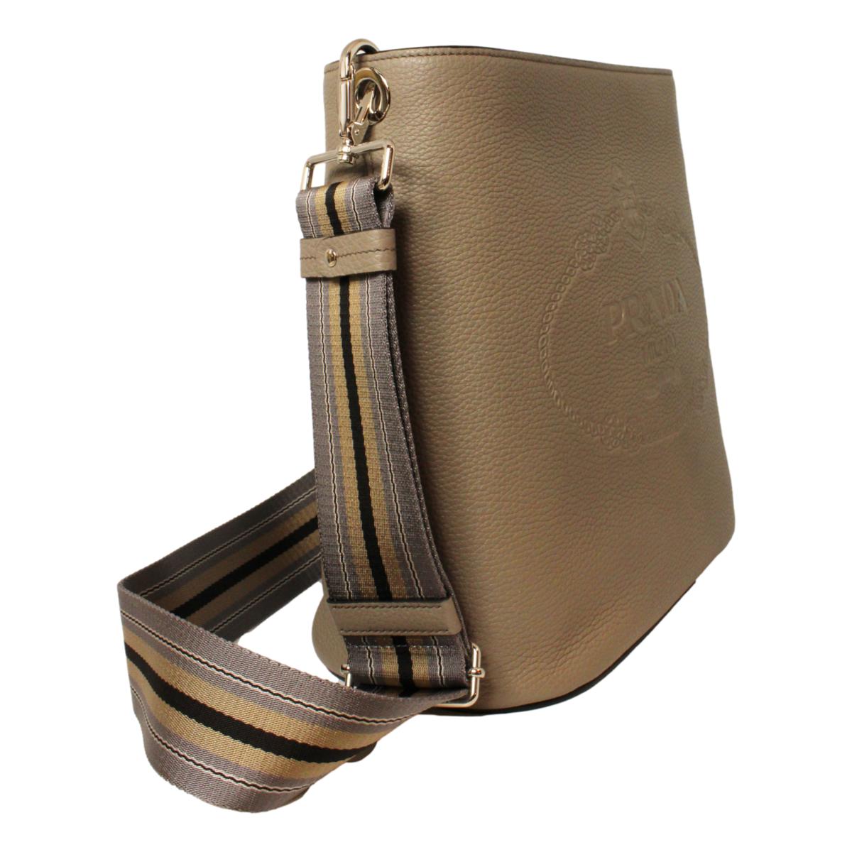 Prada Vitello Phenix Grey Leather Stripe Strap Bucket Bag 1BE057