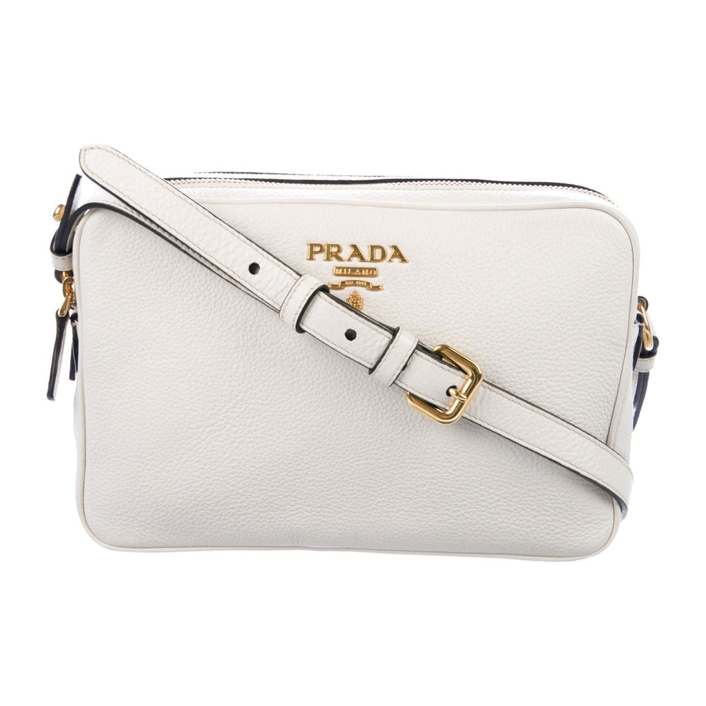 Prada Vitello Phenix White Leather Double Zip Camera Crossbody 1BH079
