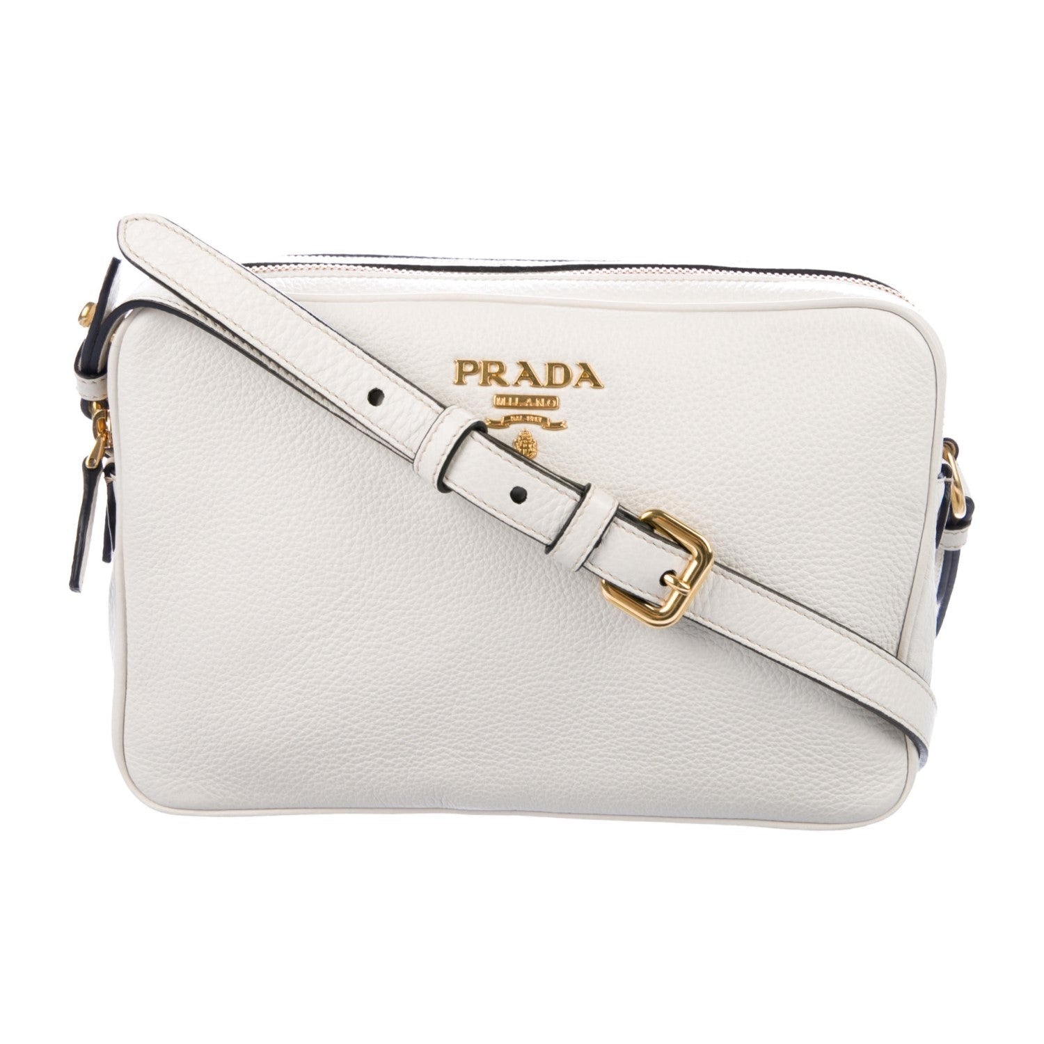Prada Vitello Phenix White Leather Double Zip Camera Crossbody 1BH079