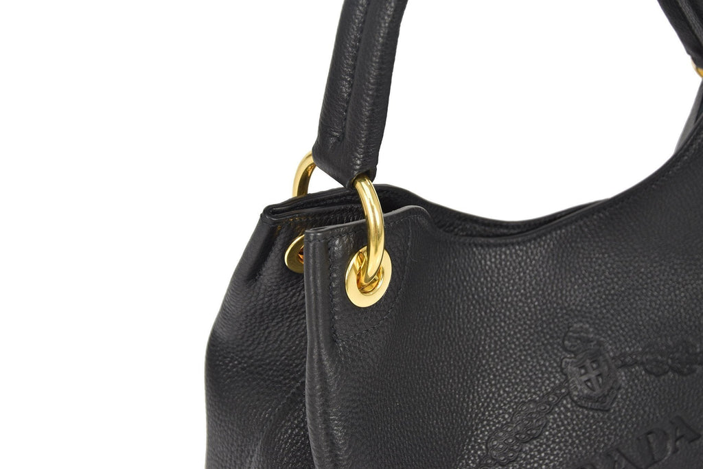 Prada Vitello Phenix Black Leather Embossed Logo Hobo Tote Bag 1BC051