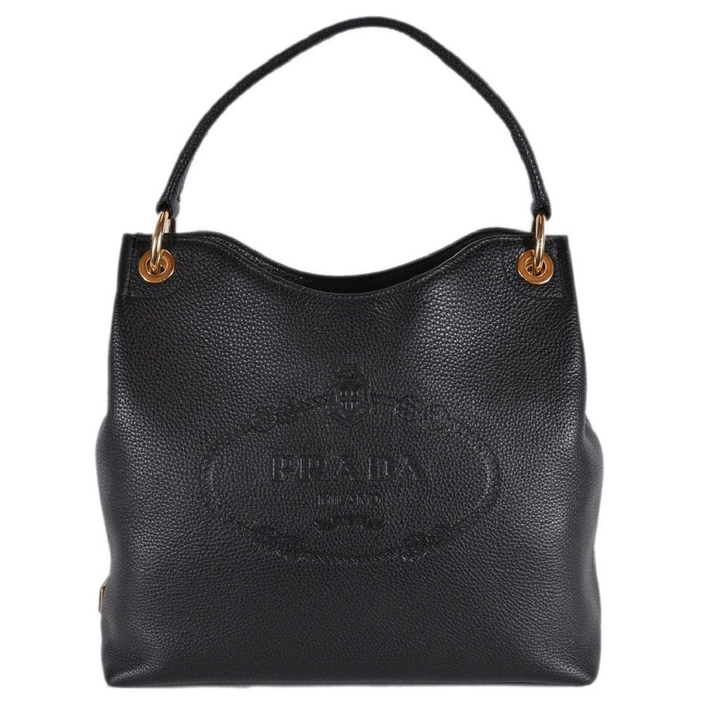 Prada Vitello Phenix Black Leather Embossed Logo Hobo Tote Bag 1BC051