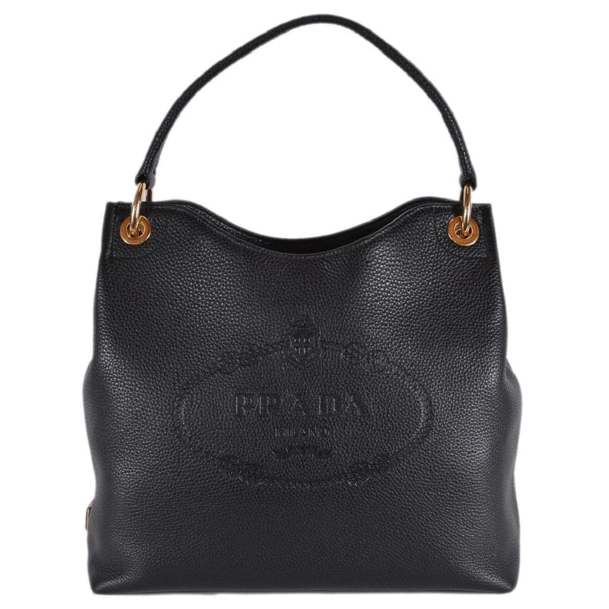 Prada Vitello Phenix Black Leather Embossed Logo Hobo Tote Bag 1BC051